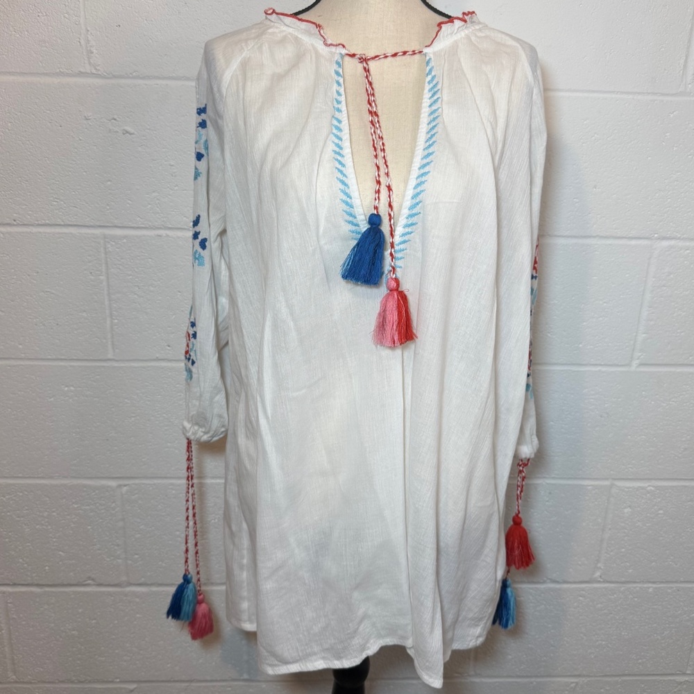 Topshop Women's White Embroidered Split Sleeve Tunic Blouse with Tassels
